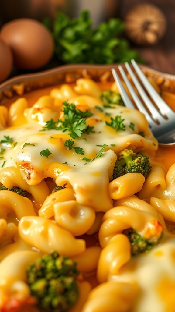 A cheesy chicken pasta casserole with broccoli, melted cheese, and a golden crust, served in a rustic dish.